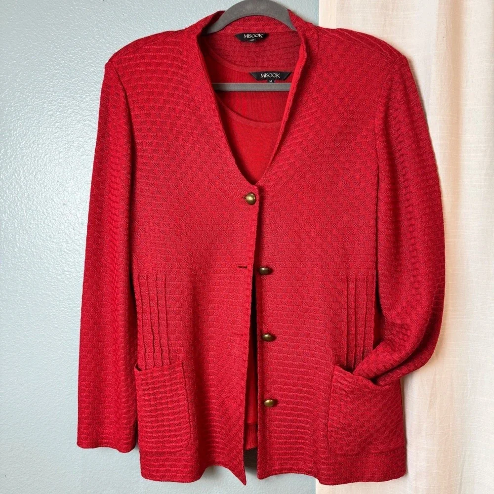 Misook Knit Jacket Tank Set Women Medium Red Excellent Button Front Professional